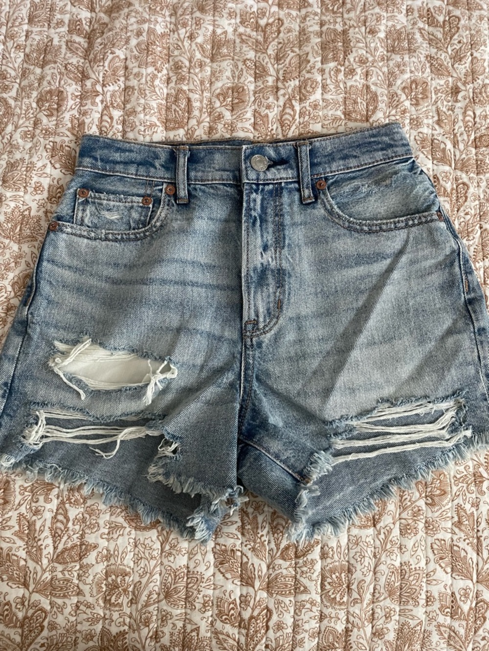 American Eagle Outfitters Distressed High-Rise Denim Shorts - Light Blue